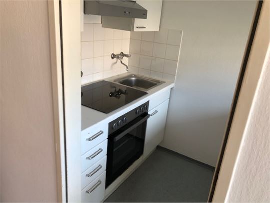 Küche mit neuen Herd und Kühlschrank